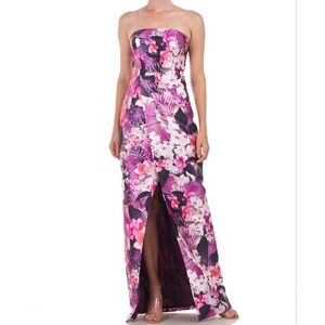 NWT Kay Unger Magenta Gladiolus Floral Print Lucienne Strapless Column Gown 16